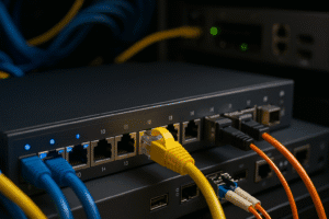Switch gerenciável com cabos Ethernet e módulos SFP em rack, representando mapeamento automático via LLDP.