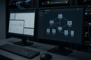 Estação de gerenciamento de rede com monitores exibindo topologia LLDP e gráficos de desempenho em um ambiente de data center.