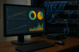 Monitoramento de rede com gráficos avançados em tela de computador, conectado a rack de switches Ethernet em ambiente corporativo