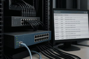 Switch gerenciável com cabos conectados e tela de monitoramento Syslog em rack de TI