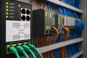 Switch industrial com diagrama Spanning Tree em painel de controle