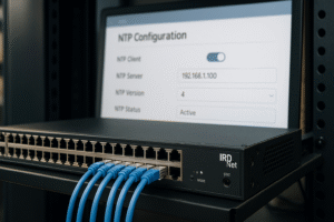 Switch IRD.Net com interface NTP exibida em monitor de configuração