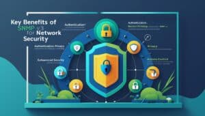 Switch Ethernet com SNMP v3 protegido por cadeado, representando segurança de rede em ambiente corporativo.