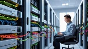 Técnico de TI configurando VLAN Tagging em switches gerenciáveis IRD.Net com cabos conectados e módulos SFP ativos